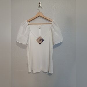 NWT Ava & Viv White Puff Flutter Sleeve V Scoop Neck Ribbed Summer Top Sz X 14W
